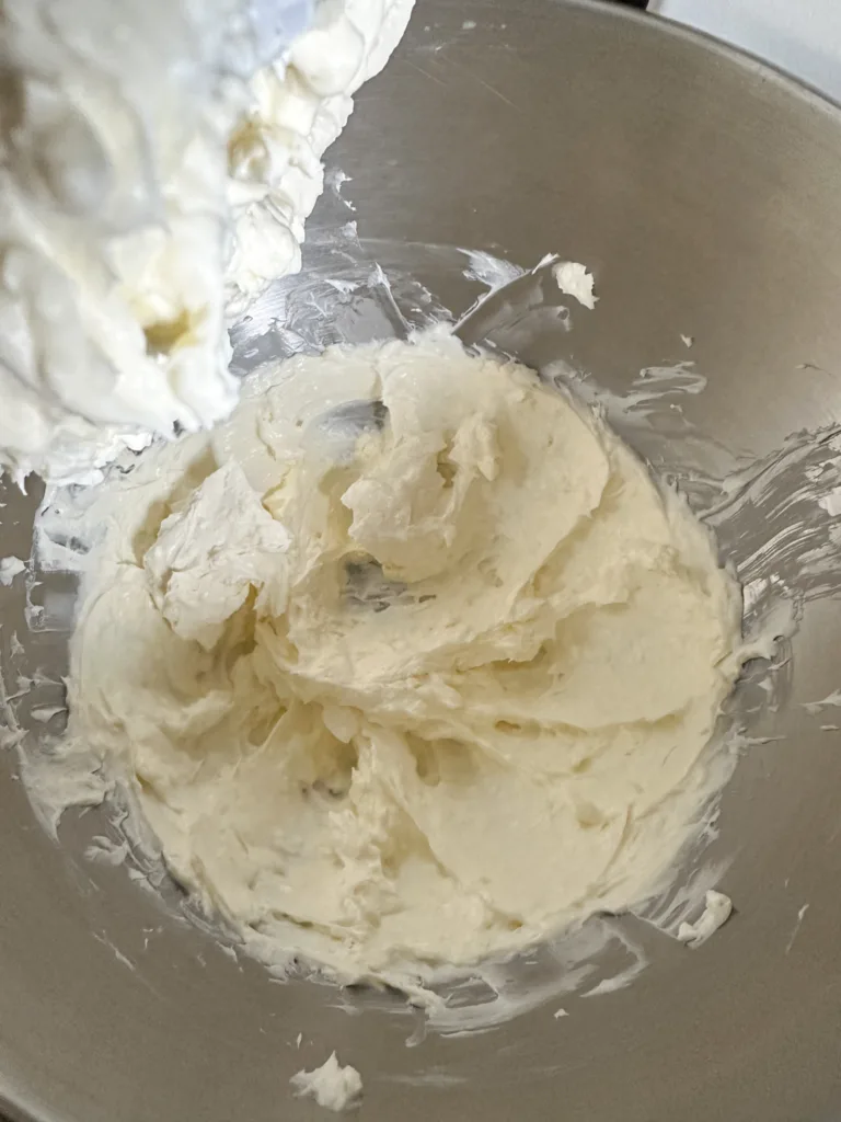 Cream cheese and butter whipped together in a stand mixer.