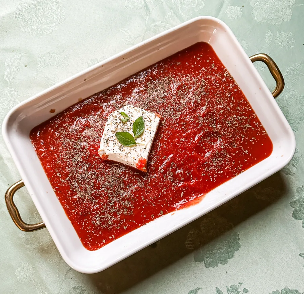 A baking pan with marinara sauce, herbs, and cheese.