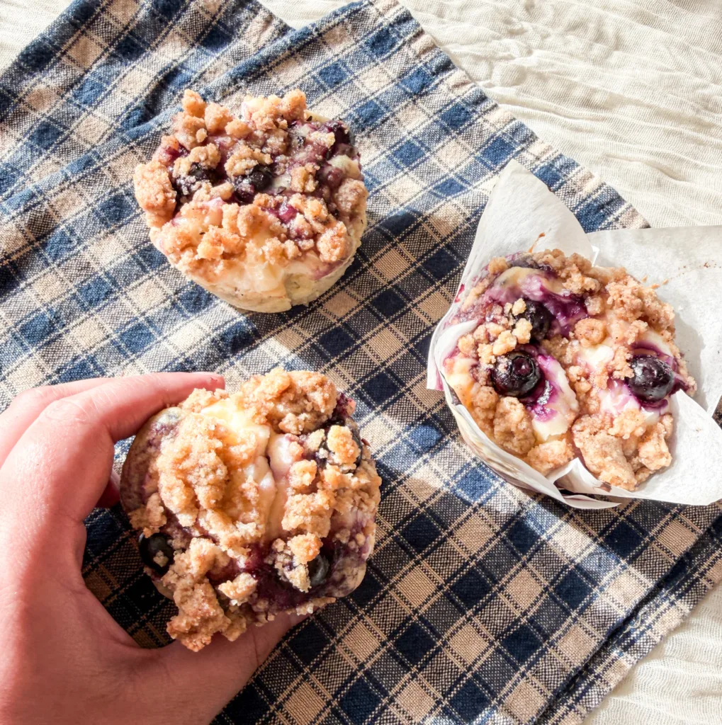 A hand holding a blueberry cream cheese muffin with other blueberry cream cheese muffins around it.